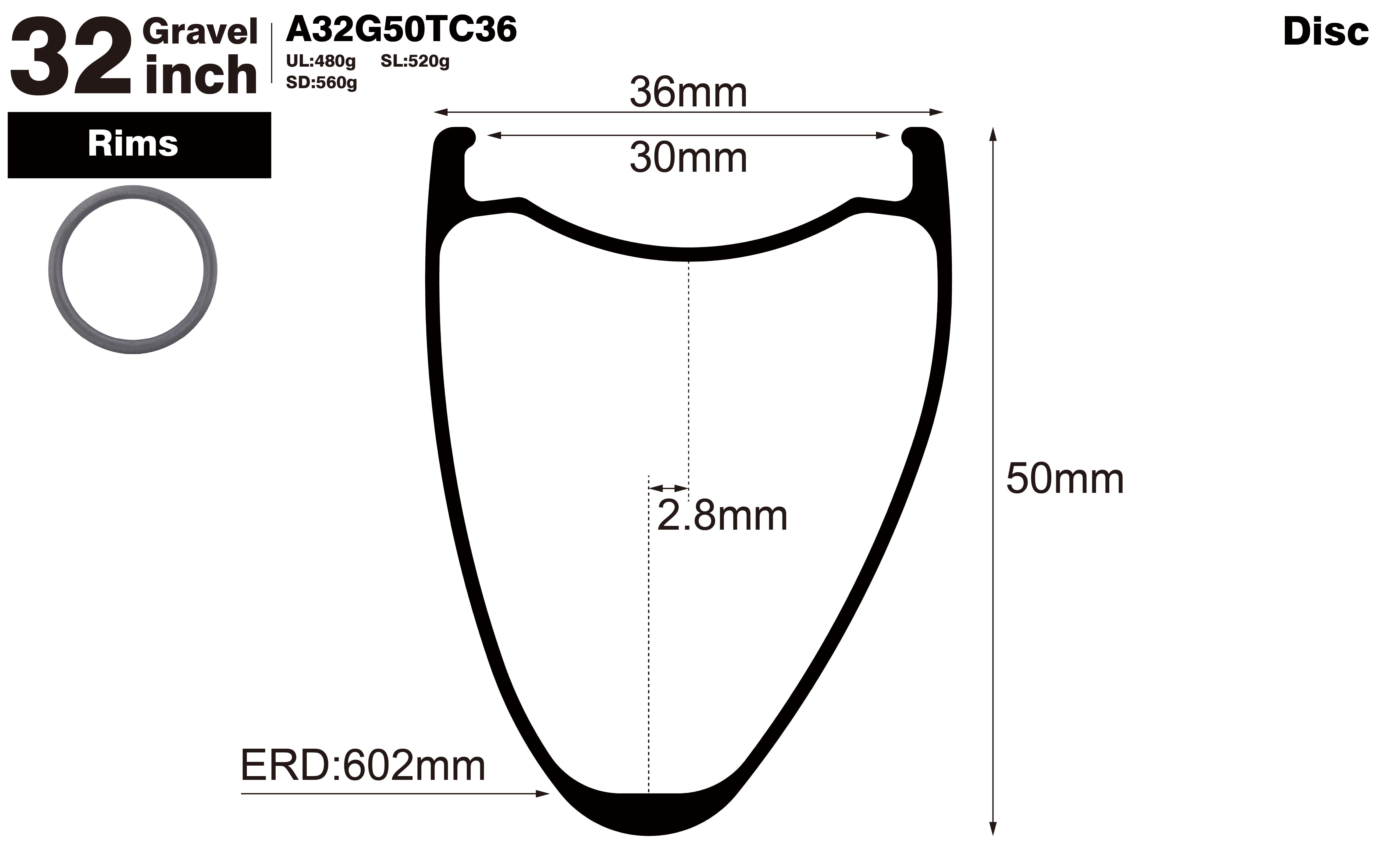 32 inch-I30-D50-asymmetric-road-bike-gravel-carbon-rims-profile-drawing
